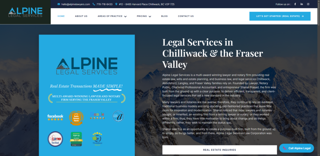 Screenshot of Alpine Legal's new homepage, that was design and developed by Case Allies