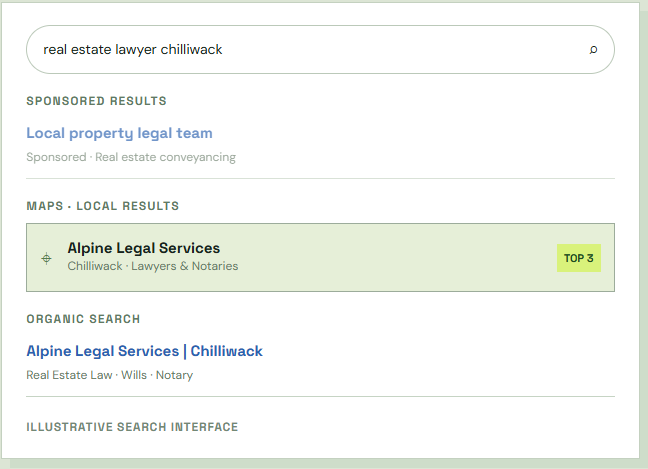 Mock google search of real estate lawyer chilliwack and the typical results found