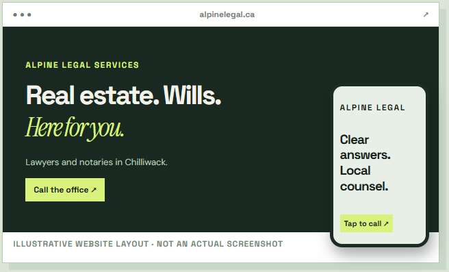 Mock website layout of Alpine Legal, contact Case Allies for your law firm website services