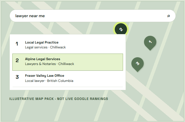 Mock Local SEO map pack of Alpine Legal Services ranking 2nd